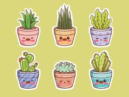 conjunto de dibujos animados de cactus y plantas suculentas lindas. concepto de etiqueta. vector