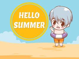 A cute boy says hello summer. summer greeting concept illustration. vector