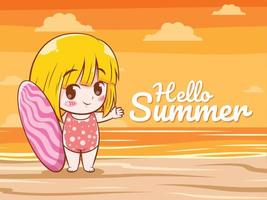 A cute girl says hello summer. summer greeting concept illustration. vector