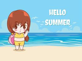 A cute girl says hello summer. summer greeting concept illustration. vector