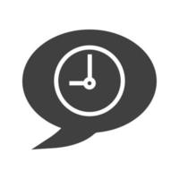 Talk duration glyph icon. Silhouette symbol. Clock inside chat bubble. Time to talk. Negative space. Vector isolated illustration