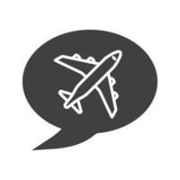 Chat box with airplane takeoff inside glyph icon. Silhouette symbol. Flight departure. Negative space. Vector isolated illustration