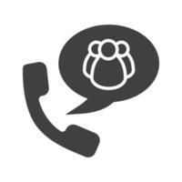 Group chat by phone glyph icon. Silhouette symbol. Handset with group of people inside chat box. Negative space. Vector isolated illustration