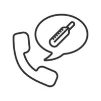 Phone call to hospital linear icon. Thin line illustration. Handset with thermometer inside speech bubble. Contour symbol. Vector isolated outline drawing