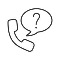 Ask question by phone linear icon. Thin line illustration. Handset with question mark inside speech bubble. Contour symbol. Vector isolated outline drawing