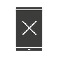 Smartphone cancel glyph icon. Silhouette symbol. Smart phone with cross. Negative space. Vector isolated illustration