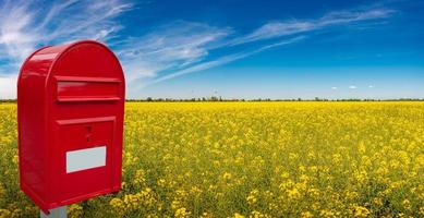 Big red stylish postbox with white empty note space for address is standing outdoor in front of beautiful countryside landscape farm field with yellow raps flowers and blue sky photo