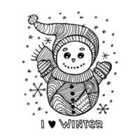 lindo muñeco de nieve al estilo del doodle zen. Ilustración de arte zen en blanco y negro con letras: me encanta el invierno. feliz año nuevo 2022 y feliz navidad. garabato dibujado a mano. vector