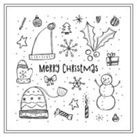 A set of winter elements in the doodle style. Hand-drawn illustration in a square frame. Happy New Year 2022. Merry Christmas. vector