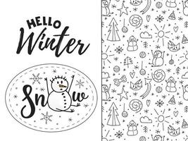 A sitting snowman catches falling snowflakes. Seamless pattern of a winter elements. Winter vector illustration. New Year 2022. Merry Christmas. Hand drawn doodle style.
