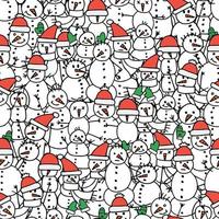 Seamless pattern in doodle style. Winter endless illustration is hand-drawn. Happy New Year 2022 and Merry Christmas. Black and white snowmen in red hats, green mittens and with an orange nose. vector