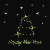 Sparkling Christmas Tree with shiny dust. Green Metallic outline icon on a dark background. Merry Christmas and Happy New Year 2022. Vector illustration.