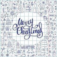 Set of winter doodle elements. Hand-drawn objects with handwritten lettering. Merry Christmas and Happy New Year 2022. Sketch with a blue ballpoint pen in a checkered notebook. vector