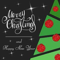 letras escritas a mano feliz navidad y próspero año nuevo 2022. árbol de navidad con bolas rojas brillantes. vector