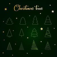 Christmas Trees - set of 12 green outline icons. Merry Christmas and Happy New Year 2022. Vector illustration.