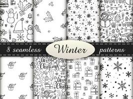 8 seamless patterns in doodle style. Winter endless illustration is hand-drawn. Happy New Year 2022 and Merry Christmas. Black and white elements on a white background.