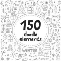 conjunto de 150 elementos de doodle de invierno. objetos dibujados a mano sobre un fondo blanco con un lugar para el texto en forma de círculo. feliz navidad y próspero año nuevo 2022. vector