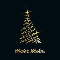 Sparkling Christmas Tree with shiny dust. Golden metallic outline icon with stars on dark blue background. Merry Christmas and Happy New Year 2022. Golden Metallic. Vector illustration. Winter Wishes.