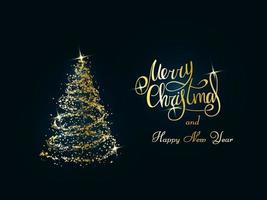 Handwritten golden lettering on a dark blue background. Magic golden Christmas tree of snowflakes and snowstorms. Merry Christmas and Happy New Year 2022. vector