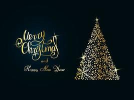 Handwritten golden lettering on a dark blue background. Magic golden Christmas tree of snowflakes. Merry Christmas and Happy New Year 2022. vector