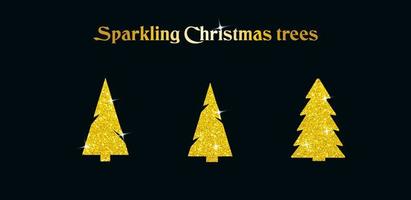 Sparkling Christmas Tree. Golden metallic. Merry Christmas and Happy New Year 2022. Vector illustration.
