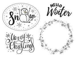A sitting snowman catches falling snowflakes. Handwritten lettering. Circle of a snowflakes and snowstorm. Winter vector illustration. New Year 2022. Merry Christmas. Hand drawn doodle style.