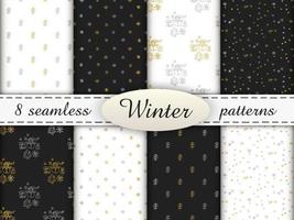 8 seamless patterns in doodle style. Winter endless illustration is hand-drawn. Happy New Year 2022 and Merry Christmas. Golden and silver elements on a white and a dark gray backgrounds.