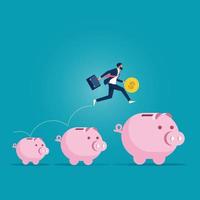 Investment and savings growth, business man jumping from small piggy bank to bigger profit to achieve financial goal vector