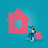 Businessman holding jigsaw pieces to finish a house shape puzzle, solving home mortgage problems concept vector