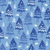 seamless christmas pattern background with blue pine tree and white snowflakes vector