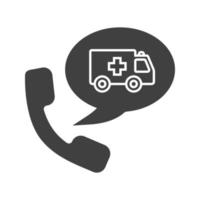 Phone call to ambulance glyph icon. Silhouette symbol. Handset with emergency car inside chat box. Negative space. Vector isolated illustration