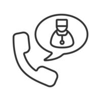 Phone call to doctor linear icon. Thin line illustration. Handset with therapist inside speech bubble. Contour symbol. Vector isolated outline drawing