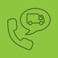 Delivery order by phone linear icon. Handset with delivery van inside speech bubble. Thin line outline symbols on color background. Vector illustration