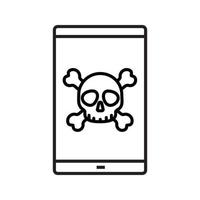 Smartphone virus linear icon. Death screen. Thin line illustration. Smart phone with skull and crossbones contour symbol. Vector isolated outline drawing