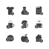 Conjunto de iconos de glifo de artículos comerciales. símbolos de silueta de compras. compra de alimentos, gasolina, bebidas, bienes raíces, ropa, servicios médicos. vector ilustración aislada