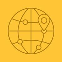 Flight destinations linear icon. Worldwide travel locations. Globe model with route points and map pinpoint. Thin line outline symbols on color background. Vector illustration