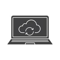 Laptop cloud computing glyph icon. Silhouette symbol. Cloud storage refresh. Negative space. Vector isolated illustration