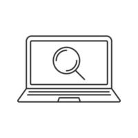 Laptop search linear icon. Thin line illustration. Notebook with magnifying glass contour symbol. Vector isolated outline drawing