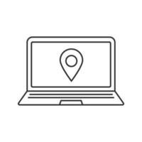 Laptop gps navigation linear icon. Thin line illustration. Laptop with map pinpoint contour symbol. Vector isolated outline drawing
