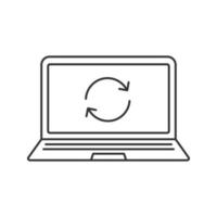 Laptop restart linear icon. Thin line illustration. Notebook with cycling arrow. Reboot contour symbol. Vector isolated outline drawing