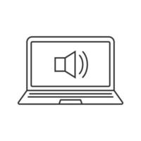 Laptop sound on linear icon. Thin line illustration. Laptop with loudspeaker contour symbol. Vector isolated outline drawing