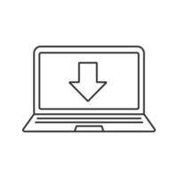 Laptop files download linear icon. Thin line illustration. Notebook with download arrow contour symbol. Vector isolated outline drawing