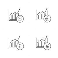 conjunto de iconos lineales de gráficos de crecimiento de mercado. Diagrama de estadísticas con signos de libra, dólar, euro, yen. símbolos de contorno de línea fina. ilustraciones de contorno vectorial aislado vector