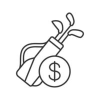 Golf equipment shop linear icon. Thin line illustration. Golf bag with clubs and dollar sign. Contour symbol. Vector isolated outline drawing