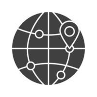 icono de glifo de destinos de vuelo. símbolo de silueta de lugares de viaje en todo el mundo. modelo de globo con puntos de ruta y localización del mapa. espacio negativo. vector ilustración aislada