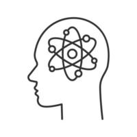 Human head with atom inside linear icon. Genius. Thin line illustration. Scientific thoughts. Contour symbol. Vector isolated outline drawing