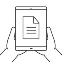 Hands holding tablet computer linear icon. Digital data storage. Thin line illustration. Tablet computer with document. Contour symbol. Vector isolated outline drawing