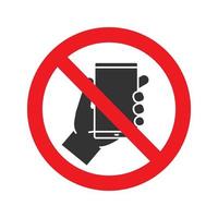 Forbidden sign with mobile phone glyph icon. No smartphone prohibition. Stop silhouette symbol. Negative space. Vector isolated illustration