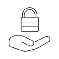 Open hand with closed padlock linear icon. Providing protection. Thin line illustration. Security, defense. Contour symbol. Vector isolated outline drawing