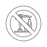 Forbidden sign with tower crane linear icon. No constructing. Stop contour symbol. Thin line illustration. Vector isolated outline drawing